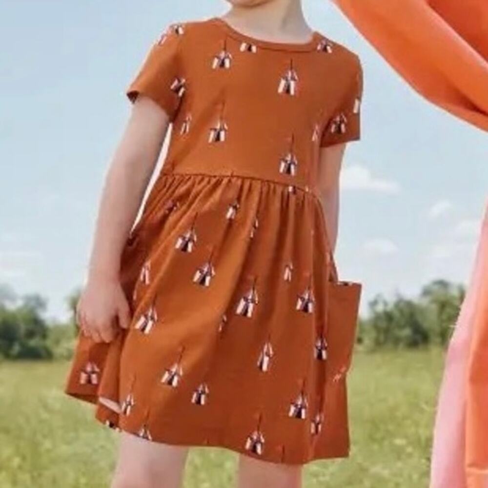 Hanna Andersson Amber Gold Circus Tent Short Sleeve Pocket Dress 100 cm US 4 Kid